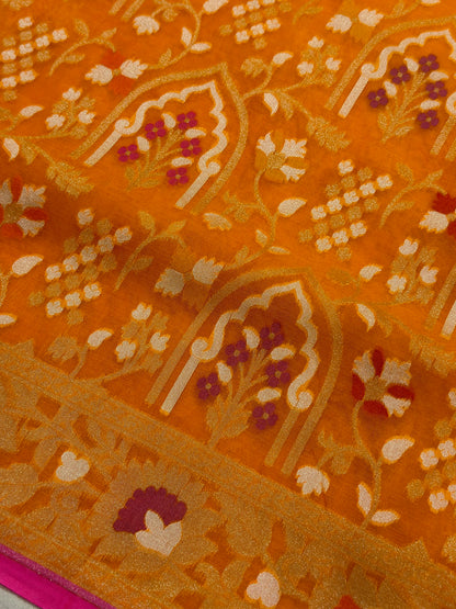 Orange Banarasi Kora Jamdani Silk Handwoven Saree