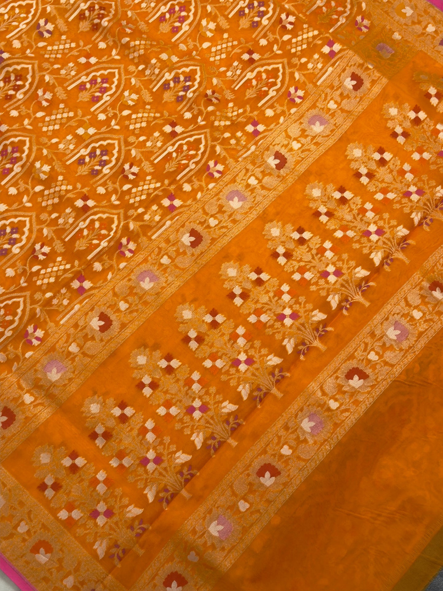 Orange Banarasi Kora Jamdani Silk Handwoven Saree