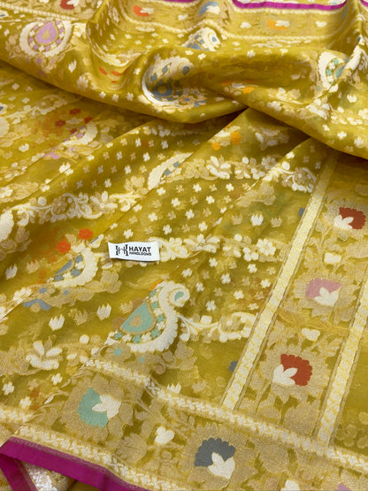 Lime Green Banarasi Kora Jamdani Silk Handwoven Saree