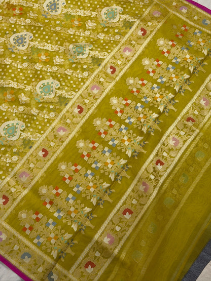 Lime Green Banarasi Kora Jamdani Silk Handwoven Saree