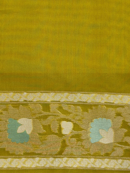 Lime Green Banarasi Kora Jamdani Silk Handwoven Saree