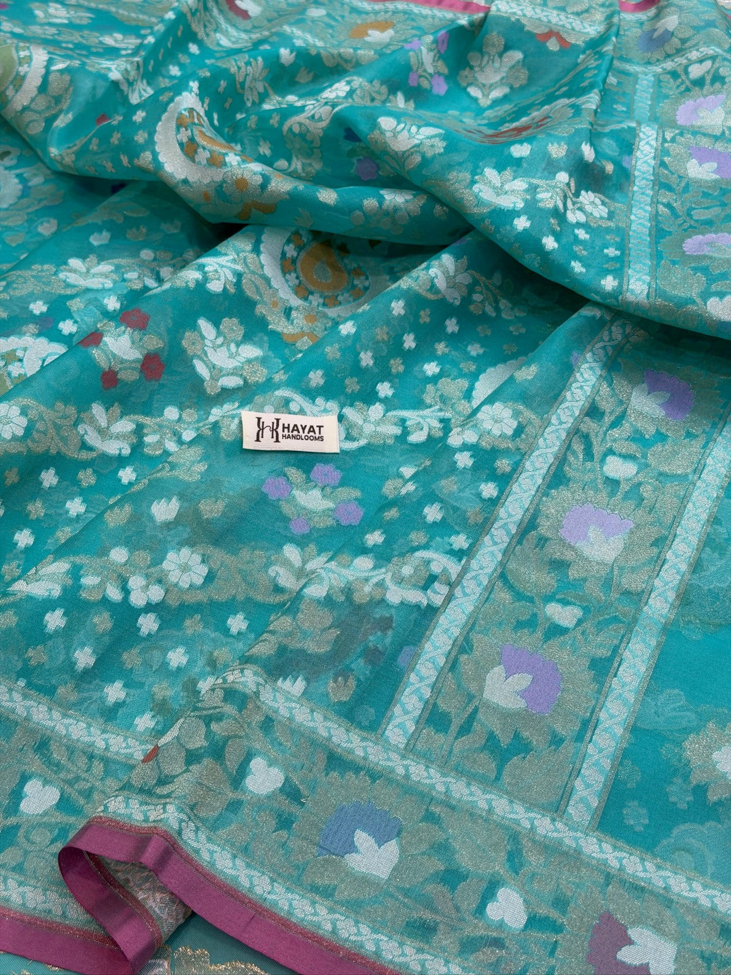 Turquoise Blue Banarasi Kora Jamdani Silk Handwoven Saree