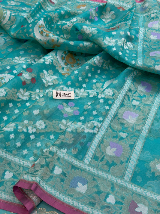 Turquoise Blue Banarasi Kora Jamdani Silk Handwoven Saree
