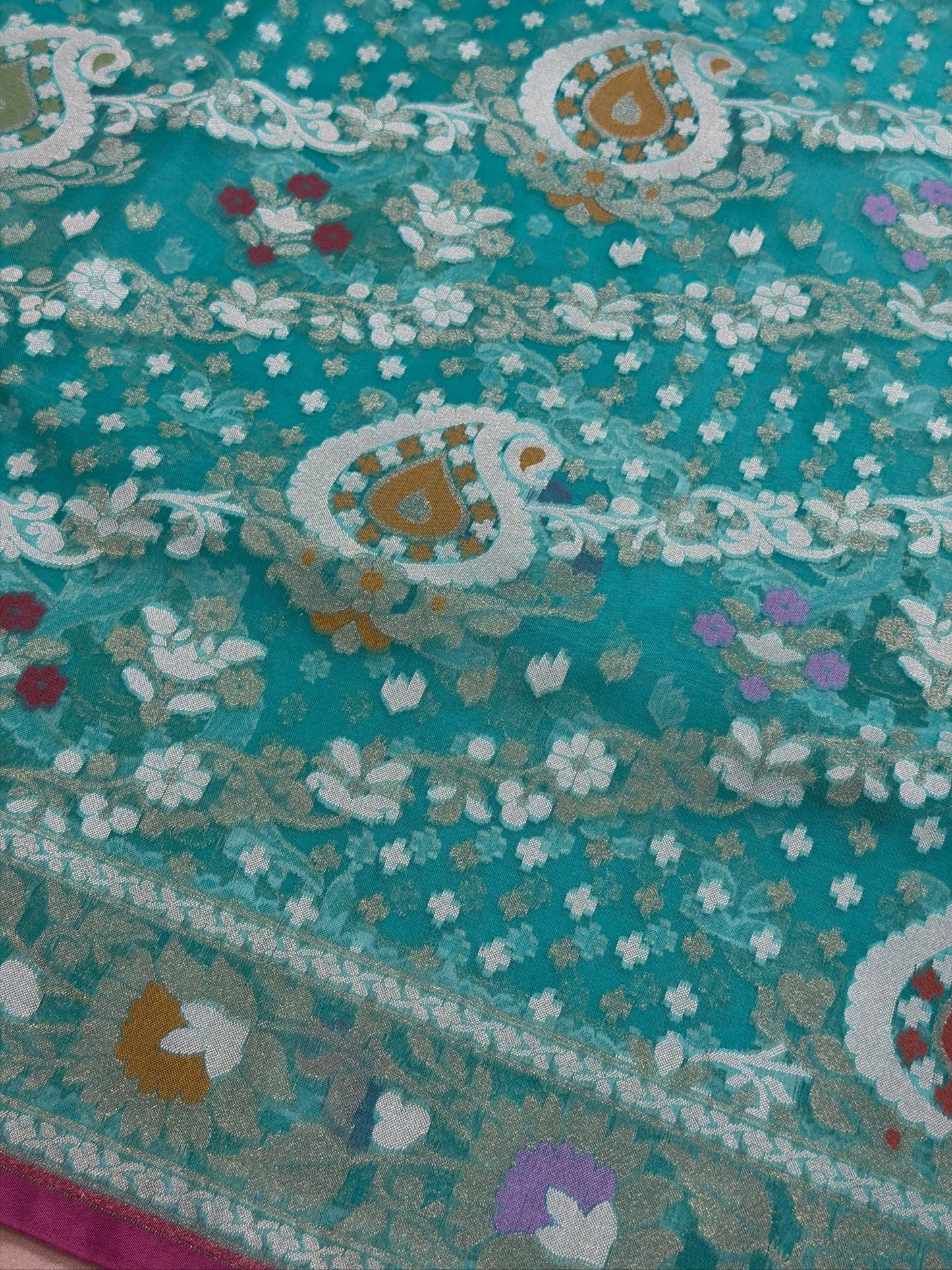 Turquoise Blue Banarasi Kora Jamdani Silk Handwoven Saree