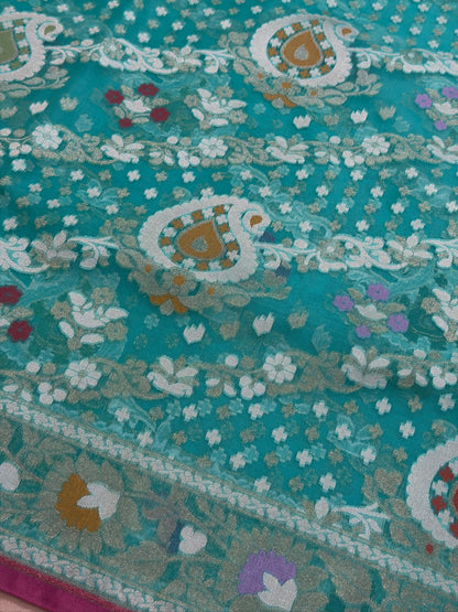 Turquoise Blue Banarasi Kora Jamdani Silk Handwoven Saree