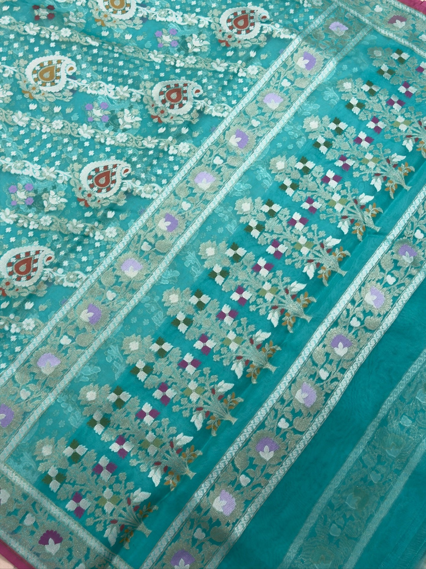 Turquoise Blue Banarasi Kora Jamdani Silk Handwoven Saree
