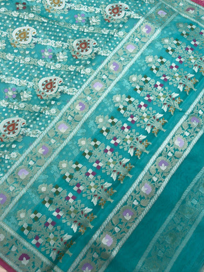 Turquoise Blue Banarasi Kora Jamdani Silk Handwoven Saree
