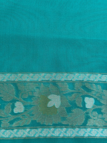 Turquoise Blue Banarasi Kora Jamdani Silk Handwoven Saree