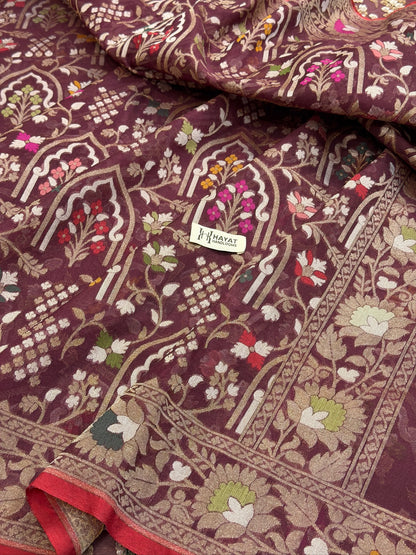 Mulberry Wine Banarasi Kora Jamdani Silk Handwoven Saree
