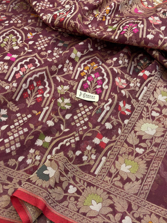 Mulberry Wine Banarasi Kora Jamdani Silk Handwoven Saree