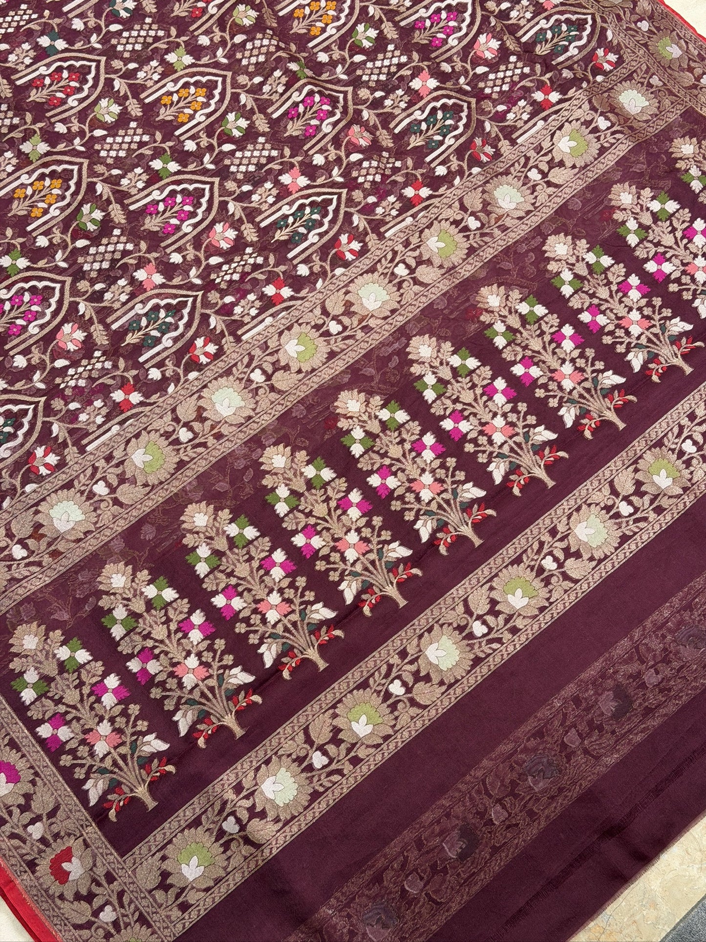 Mulberry Wine Banarasi Kora Jamdani Silk Handwoven Saree