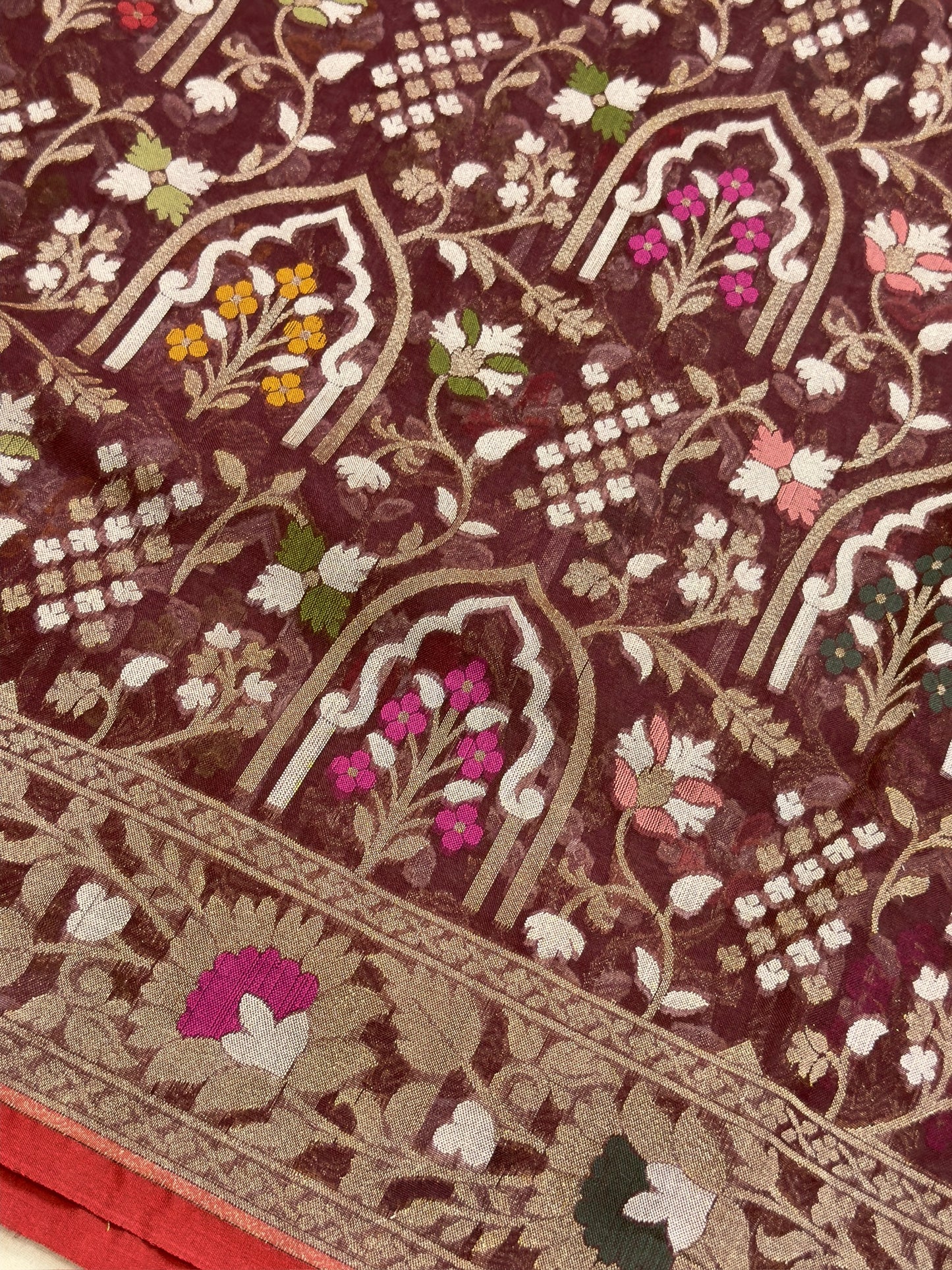 Mulberry Wine Banarasi Kora Jamdani Silk Handwoven Saree