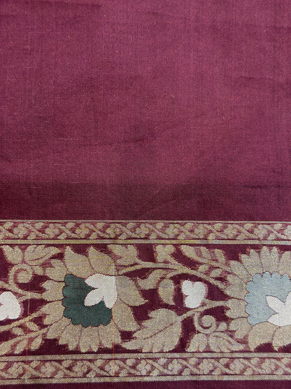 Mulberry Wine Banarasi Kora Jamdani Silk Handwoven Saree