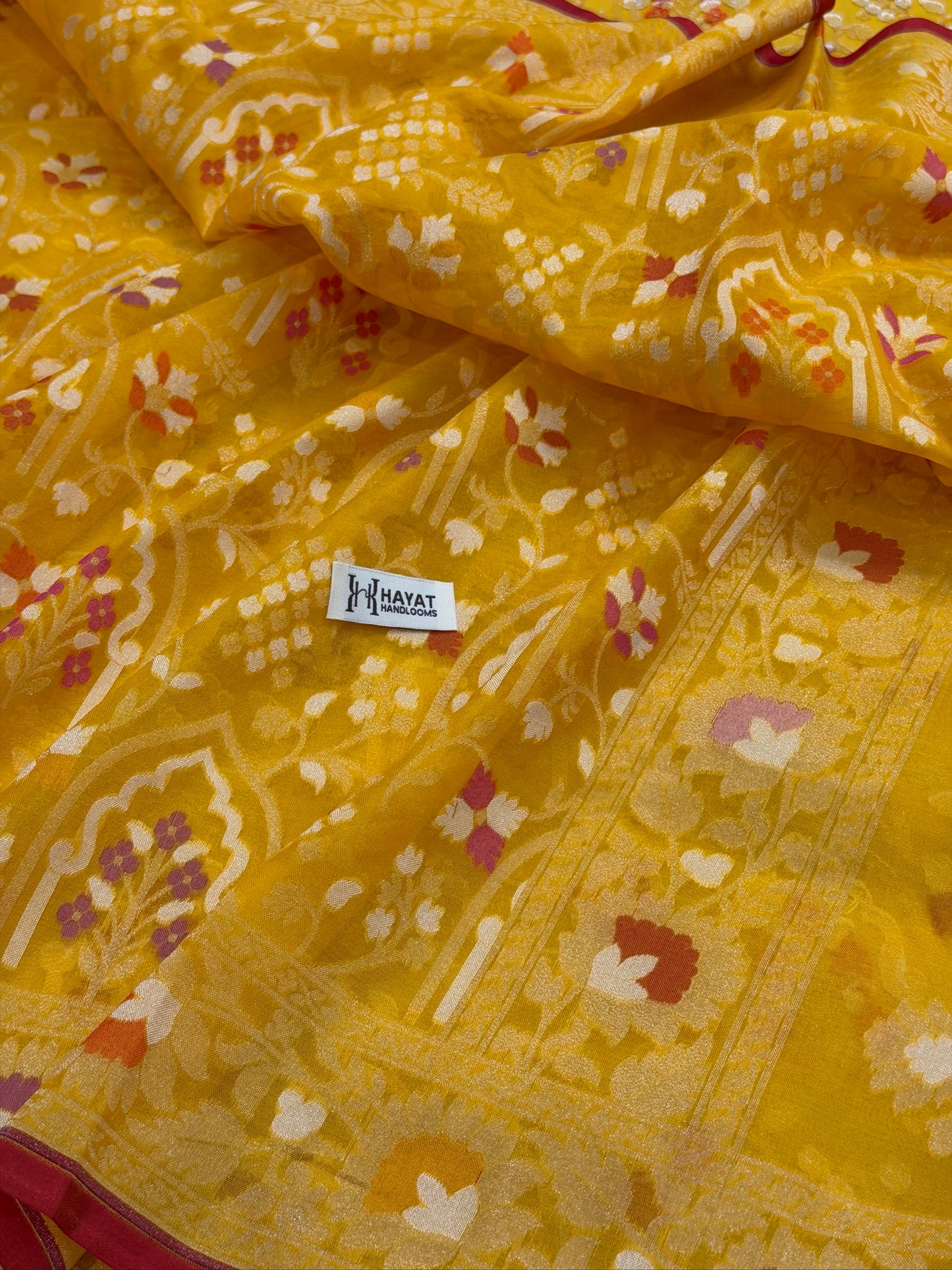 Yellow Banarasi Kora Jamdani Silk Handwoven Saree