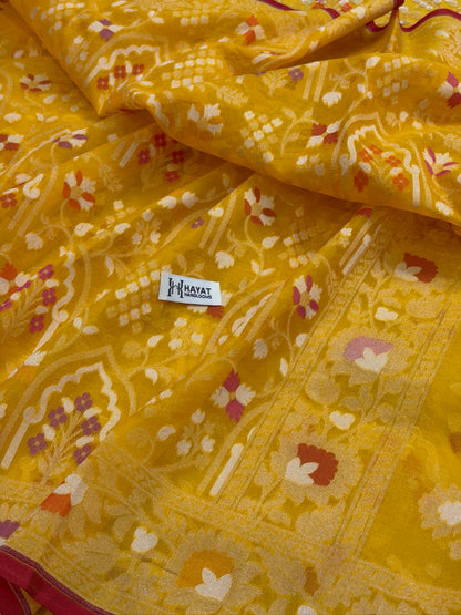 Yellow Banarasi Kora Jamdani Silk Handwoven Saree