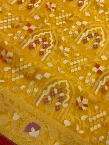 Yellow Banarasi Kora Jamdani Silk Handwoven Saree