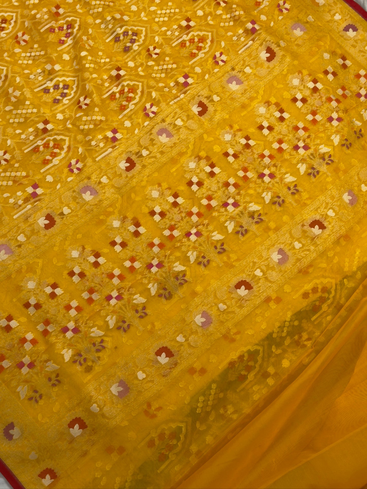 Yellow Banarasi Kora Jamdani Silk Handwoven Saree
