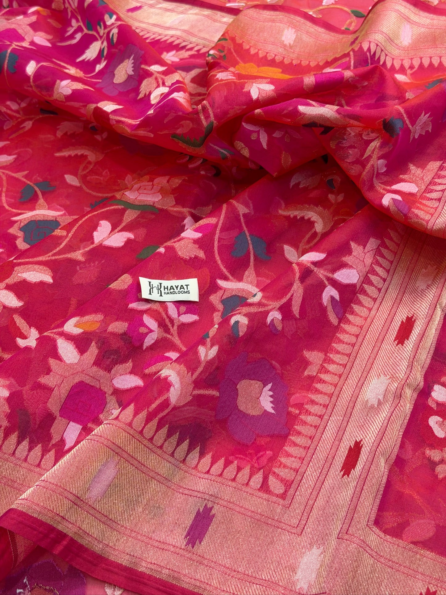 Rose Pink  Banarasi Kora Jamdani Silk Handwoven Saree