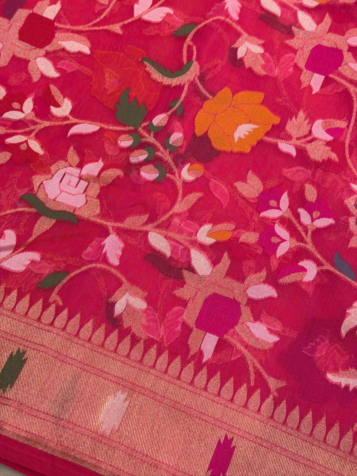 Rose Pink  Banarasi Kora Jamdani Silk Handwoven Saree