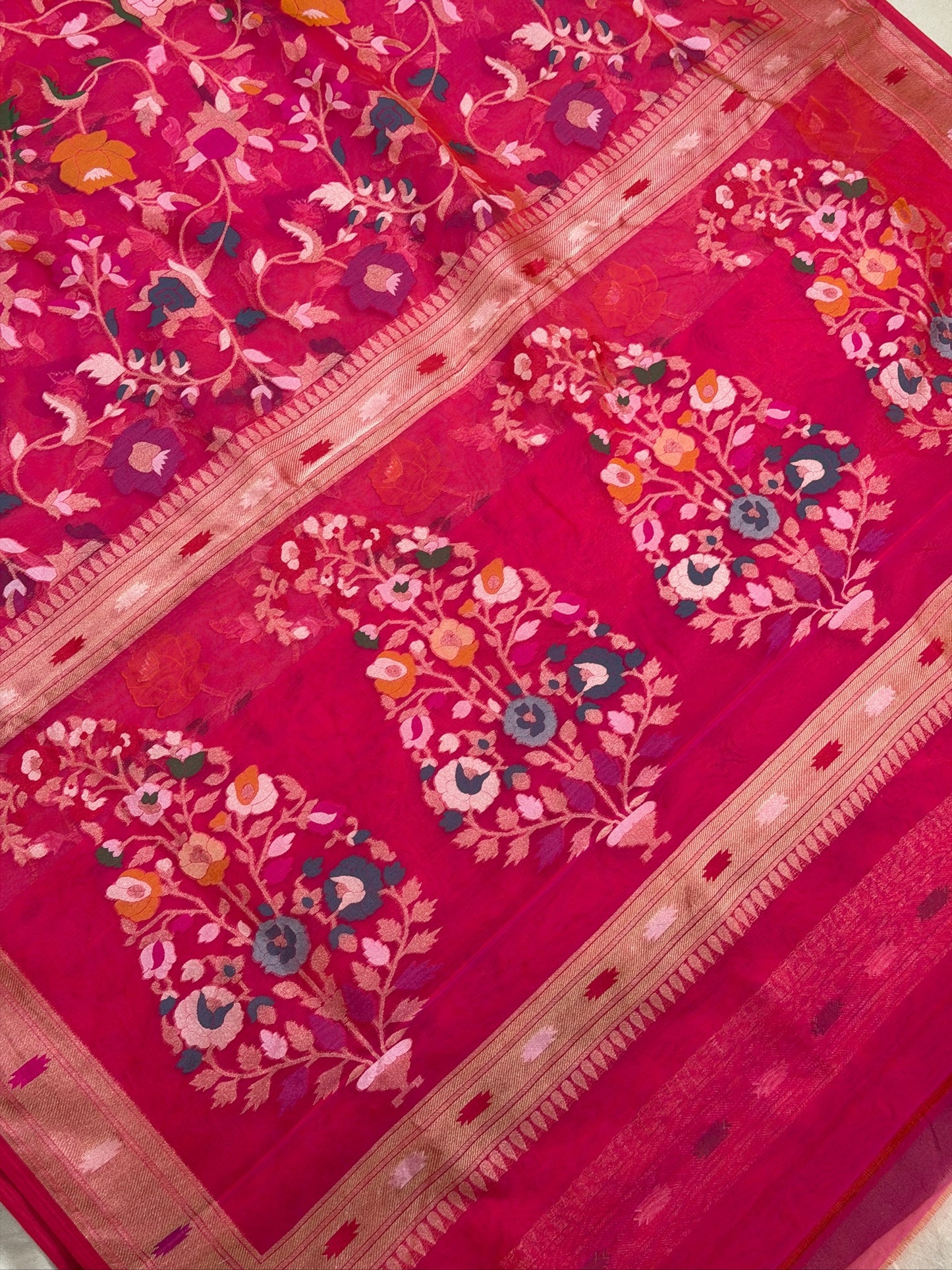 Rose Pink  Banarasi Kora Jamdani Silk Handwoven Saree