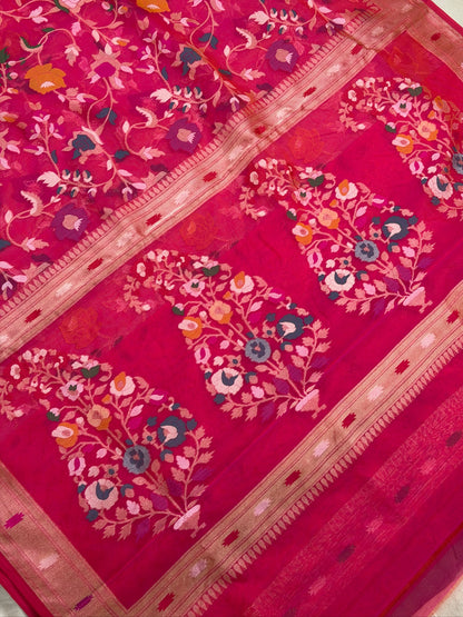 Rose Pink  Banarasi Kora Jamdani Silk Handwoven Saree