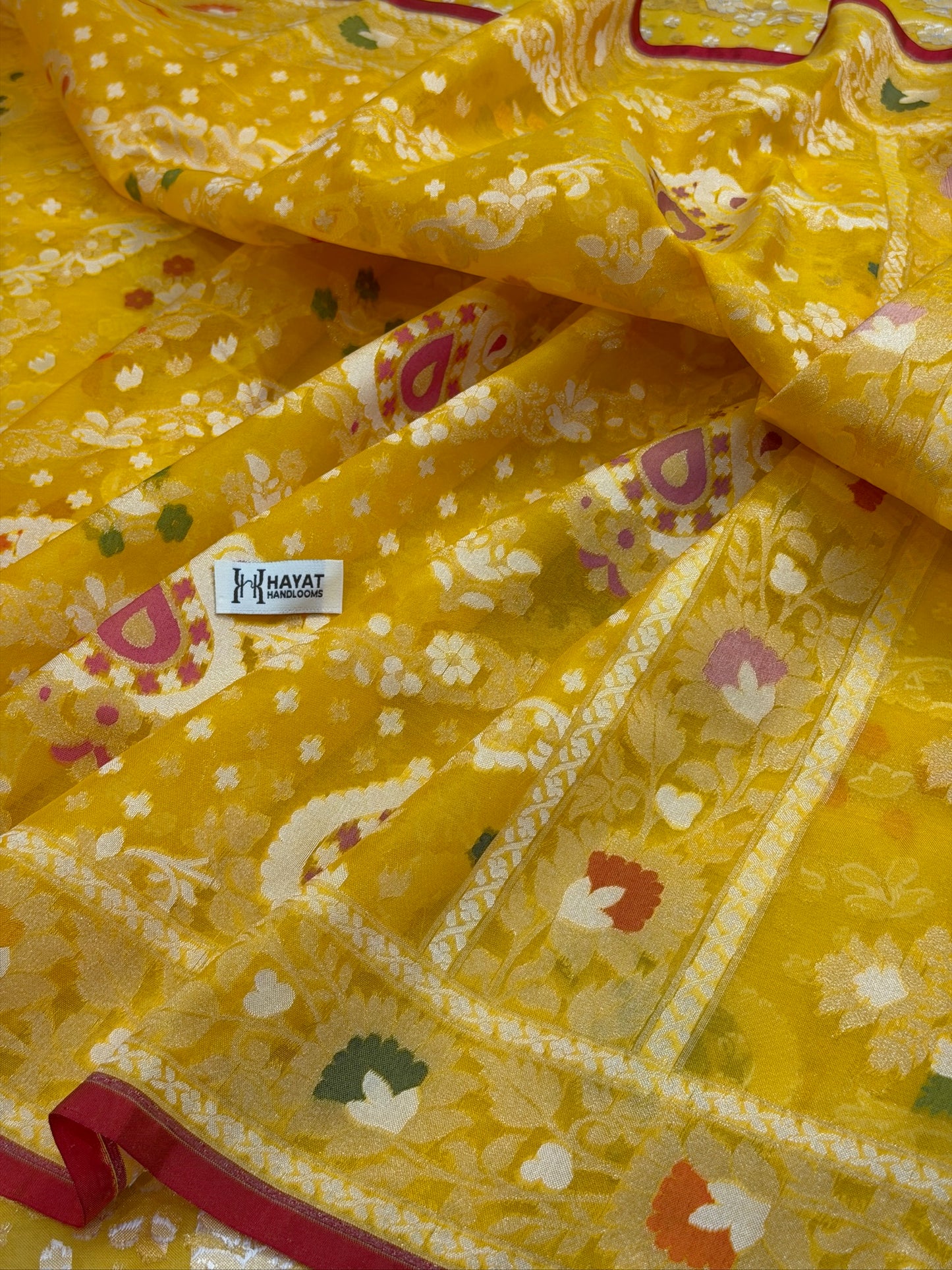 Yellow Banarasi Kora Jamdani Silk Handwoven Saree