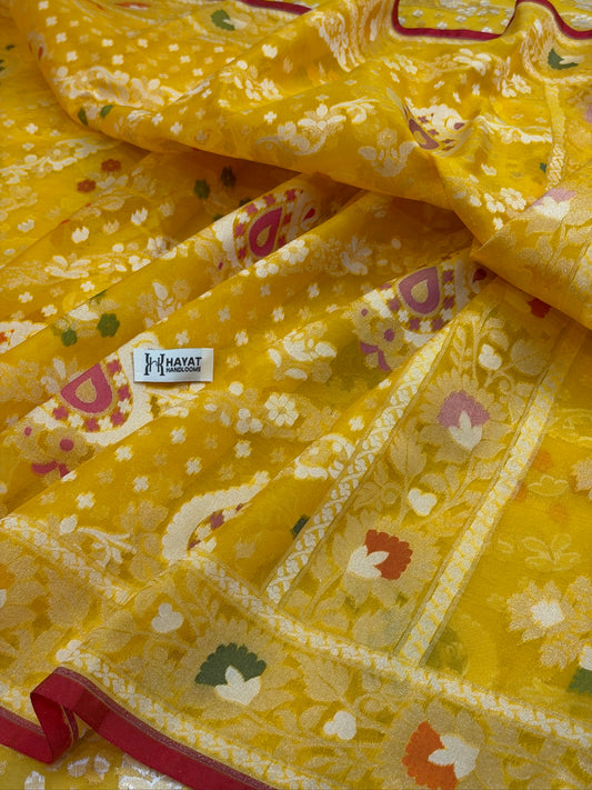 Yellow Banarasi Kora Jamdani Silk Handwoven Saree