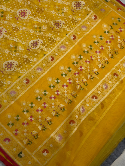 Yellow Banarasi Kora Jamdani Silk Handwoven Saree