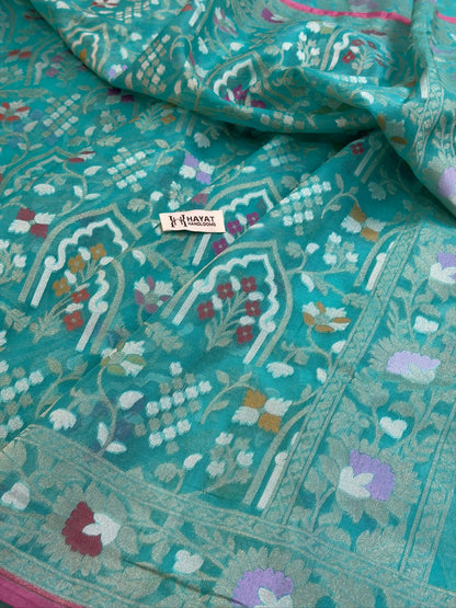 Aqua Teal Blue Banarasi Kora Jamdani Silk Handwoven Saree
