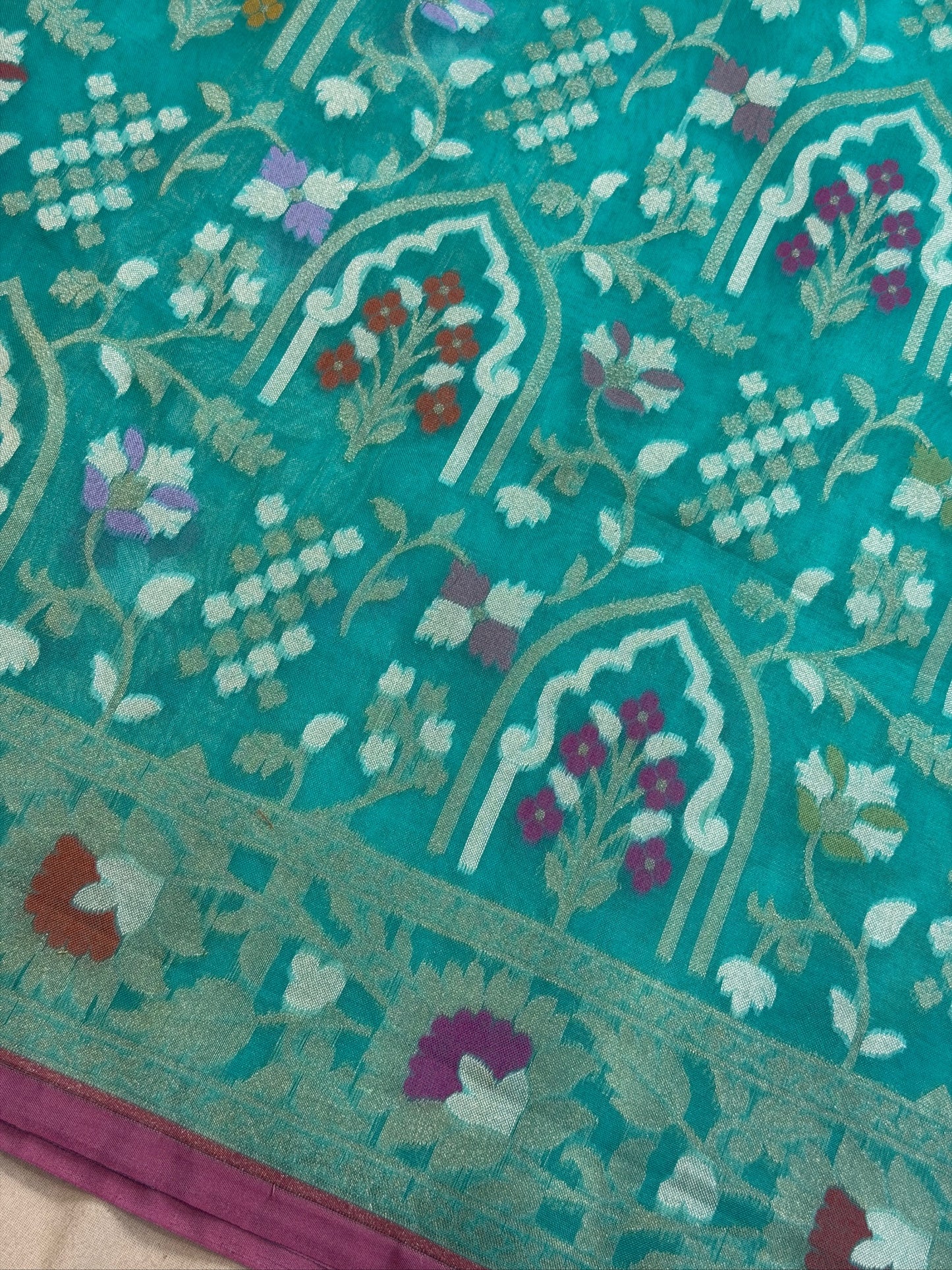 Aqua Teal Blue Banarasi Kora Jamdani Silk Handwoven Saree