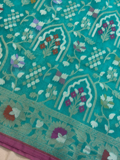 Aqua Teal Blue Banarasi Kora Jamdani Silk Handwoven Saree