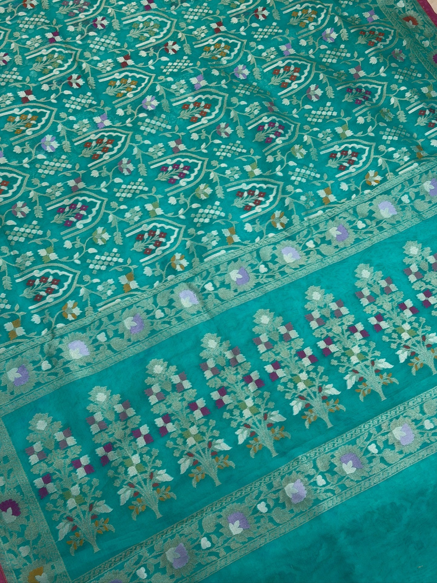 Aqua Teal Blue Banarasi Kora Jamdani Silk Handwoven Saree