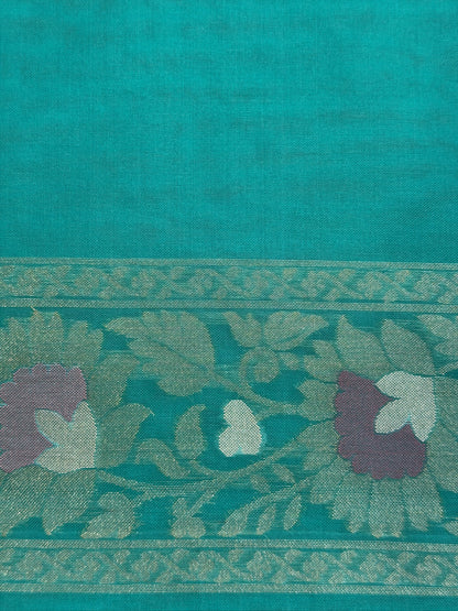 Aqua Teal Blue Banarasi Kora Jamdani Silk Handwoven Saree