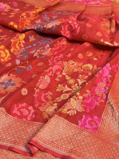 Red Banarasi cotton Jamdani handloom Saree