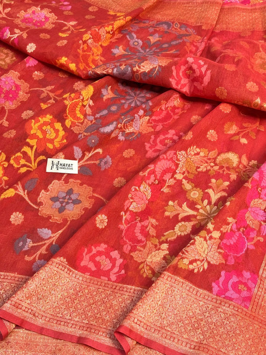 Red Banarasi cotton Jamdani handloom Saree