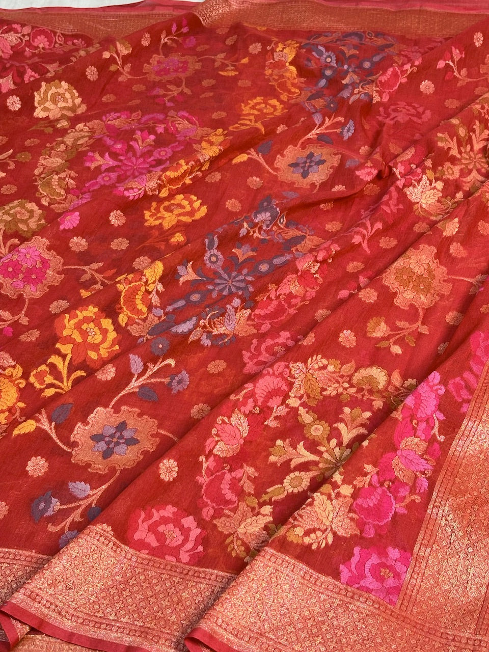 Red Banarasi cotton Jamdani handloom Saree