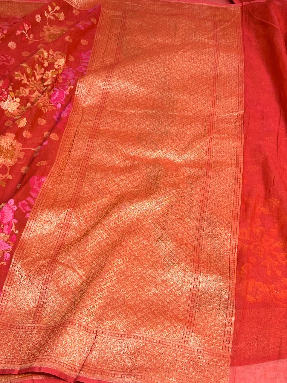 Red Banarasi cotton Jamdani handloom Saree