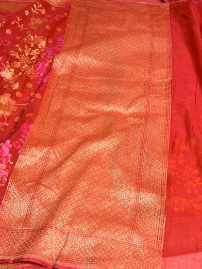 Red Banarasi cotton Jamdani handloom Saree