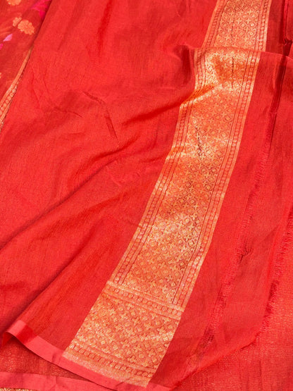 Red Banarasi cotton Jamdani handloom Saree