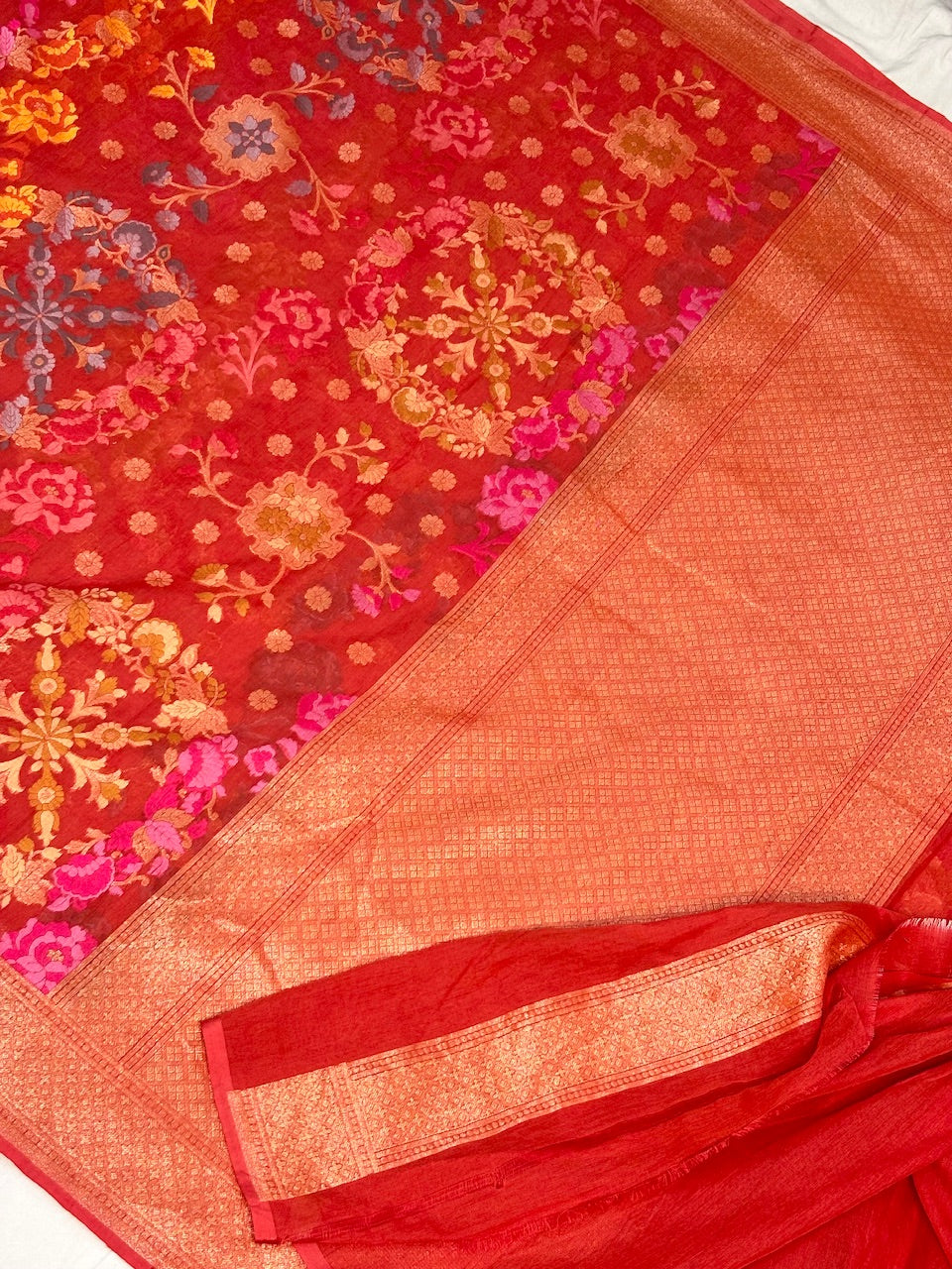 Red Banarasi cotton Jamdani handloom Saree