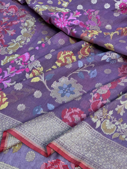 Mauve Purple Banarasi cotton Jamdani handloom Saree