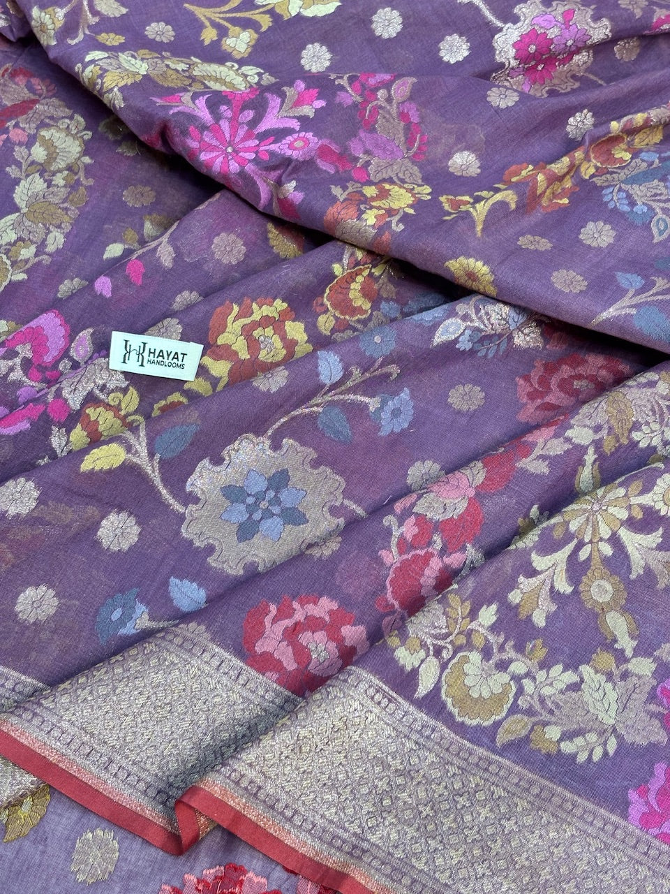 Mauve Purple Banarasi cotton Jamdani handloom Saree
