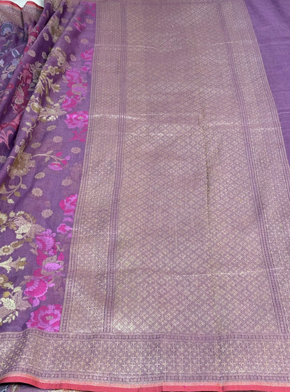 Mauve Purple Banarasi cotton Jamdani handloom Saree