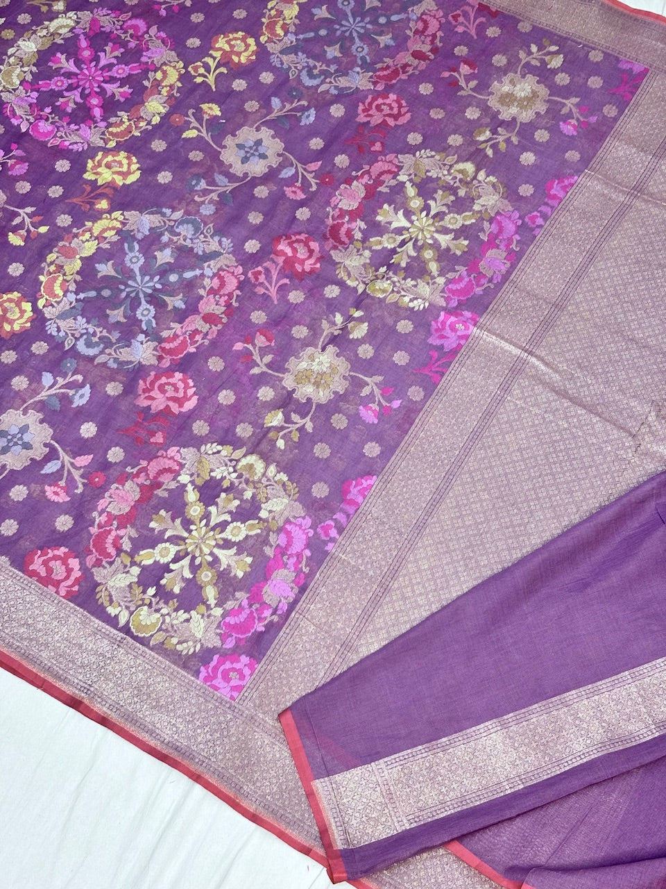Mauve Purple Banarasi cotton Jamdani handloom Saree