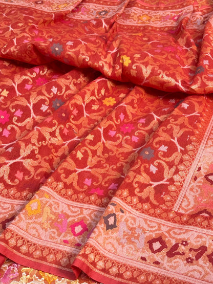 Brick Red Banarasi cotton Jamdani handloom Saree