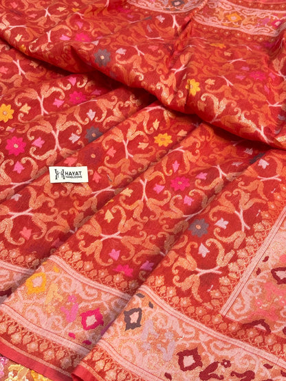 Brick Red Banarasi cotton Jamdani handloom Saree