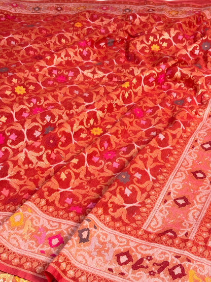 Brick Red Banarasi cotton Jamdani handloom Saree