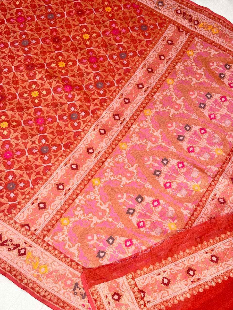 Brick Red Banarasi cotton Jamdani handloom Saree