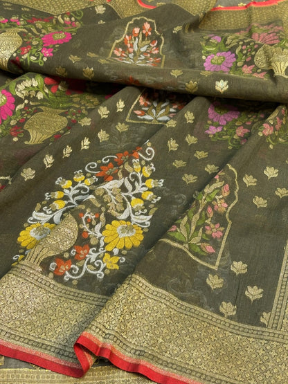 Smoky Olive Green Banarasi cotton Jamdani handloom Saree