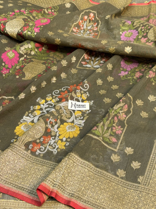 Smoky Olive Green Banarasi cotton Jamdani handloom Saree